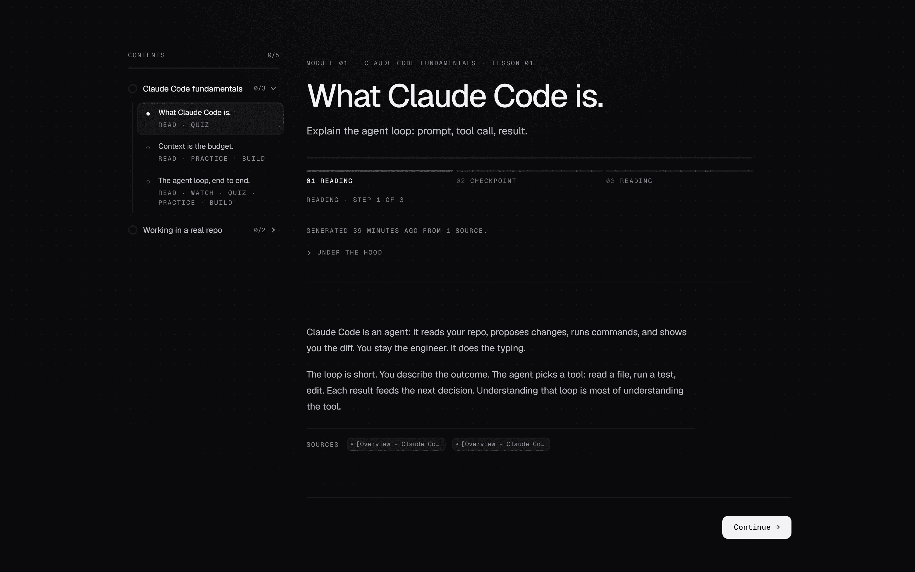 A generated lesson step: prose with citation chips.